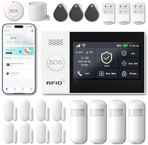 XUK Kit Alarma Casa WiFi+4G Sin Cuotas, con Pantalla Táctil de 4,3, Detector PIR, Sensor de Puerta/Ventana y Sirena de 120 dB, Sistema de Alarma para Casa Compatible con App y Alexa. (Lote de 21)