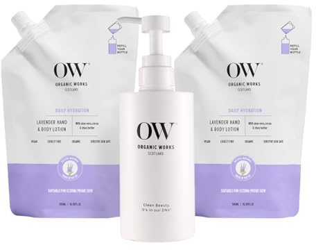 Organic Works Lavender Hand & Body Lotion - 500ml (Pack of 2) + Lifetime Refill Bottle - 24hr Hydrating Moisturiser with Geranium Oil & Shea Butter - For Dry, Very Dry and Eczema-Prone Skin