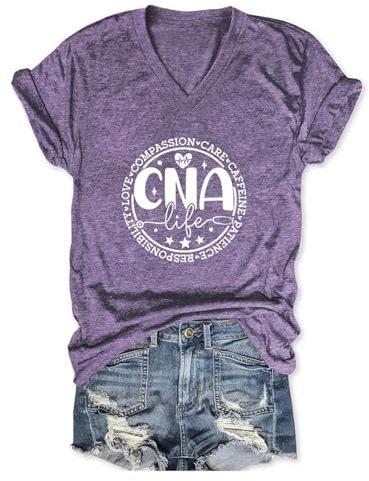CIFEUEO Nurse V Neck T Shirts for Women, Certified Nursing Assistant CNA T-Shirt, Casual CNA Life Short Sleeve Tops Purple