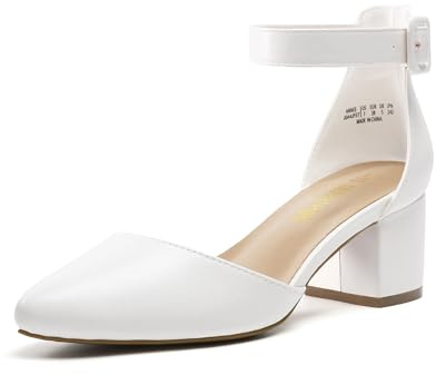 DREAM PAIRS Womens Low Mid Block Heels Mary Jane Ladies Ankle Strap Court Shoes Sandals Annee White Pu Size 7 US/ 5 UK