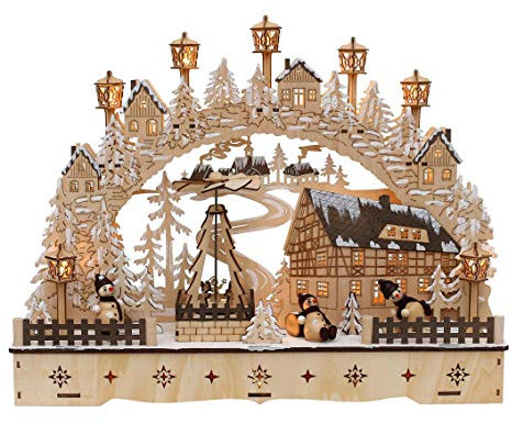 Dekohelden24 Arco de madera con pirámide de Navidad giratoria. Motivo: muñeco de nieve, largo x ancho x alto aprox. 45 x 12 x 35 cm, funciona con pilas o adaptador.
