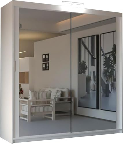 SLIDING WARDROBE 4U Mirror Sliding 2 or 3 Door Wardrobe with LED Light 90cm/120cm/150cm/180cm/203cm/250cm White-Black-Grey-Walnut-Wenge-Oak (White, 203cm)