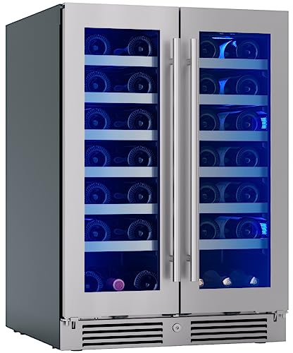 Zephyr Presrv 24 Wine Fridge Dual Zone Under Counter - Countertop Mini Wine Cooler Cellars Small Cabinet Wine Refrigerator Home Bar Chiller Freestanding with French Glass Door, 21 Bottles 750ml