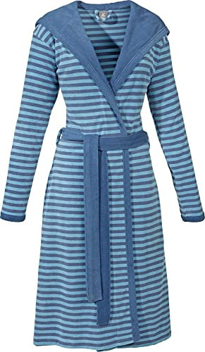 Erwin Müller Leichtfrottier Damen Bademantel mit Kapuze | Leichter Morgenmantel | Saunamantel | mit Bindegürtel und Zwei Taschen | blau-dunkelblau Größe 36/38