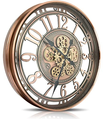 DORBOKER Real Moving Gears Wall Clock Large Modern Clocks for Living Room Decor, Industrial Steampunk Unique Vintage Rustic Decorative Clock for Home Farmhouse Office, 70cm,Red Copper Arabic