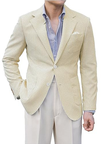 Leisure Men Seersucker Sports Coat Light Summer Jacket Mens Seersucker Blazer Mens Beach Outfit Yellow