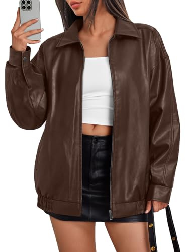 Trendy Queen - Chaqueta de cuero para mujer, de gran tamaño, para motocicleta, talla grande, abrigo de motociclista, trajes de otoño, ropa de moda, Marrón, M