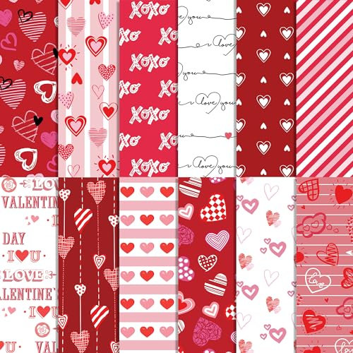24 Blatt Valentinstagsmusterpapier, Packung mit 12 Designs, Liebe, Scrapbook-Papier, 30,5 x 30,5 cm, Muster-Karton, Papier, Aquarell, Rot, Rosa, Herz, dekoratives Bastelpapier, Sammelalbum, Karton