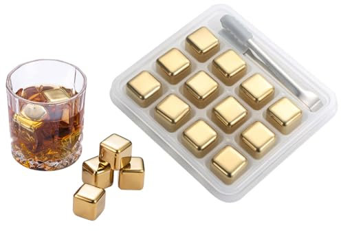 Abiyou 12 Pièces Glaçons en Acier Inoxydable Dorés pour Whisky, Vin, Jus, Vodka, Liqueurs