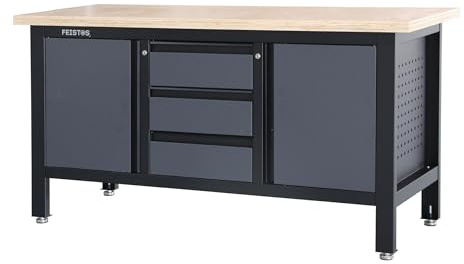 FEITSOS Werkstatteinrichtung Heros 2 | 169x60x87 cm Stahlbank | Werktisch & Arbeitsbank mit Holzplatte 38 mm | Werkbank inkl. 3 Schubladen & 2 Schrankelementen zum organisierten Werken