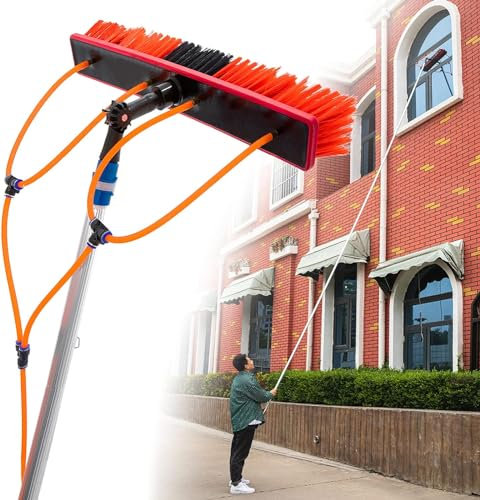 Wasserbesen mit Teleskopstiel,Besen mit Wasseranschluss inkl. 5/6/7m Teleskopstiel,20 M Wasserleitung,Teleskopstange Fensterreinigung für Glas, Dächer, Autos, Wohnwagen (5M*handhaben)