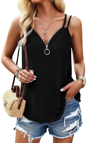 Haibang Debardeur Femme Chic et Élégant Été Top Sexy à col en V Caraco Dentelle sans Manche Bretelles Spaghetti Cami Haut Lâche Chemise Oeillet Broderie Camisole Mode Casual Tank Tops