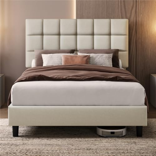 Yaheetech Polsterbett 140 x 200 cm Doppelbett mit Höhenverstellbarem Kopfteil, Stabiler Bettrahmen Stoffbett mit Lattenrost, Gepolstertes Bettgestell Bett, Beige
