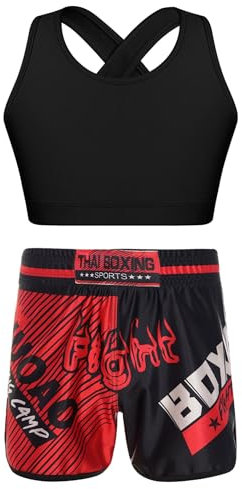 inhzoy Kinder Mädchen Trainingsanzug MMA Boxing Kleidung Boxen Shorts Sport BH Crop Tank Top Set Für Muay Thai Boxen Kampfsport Fitness Workout Rot&Schwarz 134-140