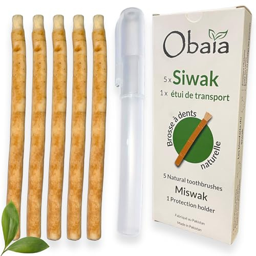 Lot de 5 Bâtons de Siwak + 1 étui de protection, Brosse à dents 100% naturelle en bois d'Araq. Bâton de Miswak pour Blanchiment dentaire, nettoyant, désinfectant. Meswak Biodégradable et Végan.