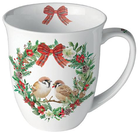 Ambiente Tasse en porcelaine d'environ 400 ml Gobelet en porcelaine pour thé ou café Automne Hiver Noël Noël Sparrows in Wreath