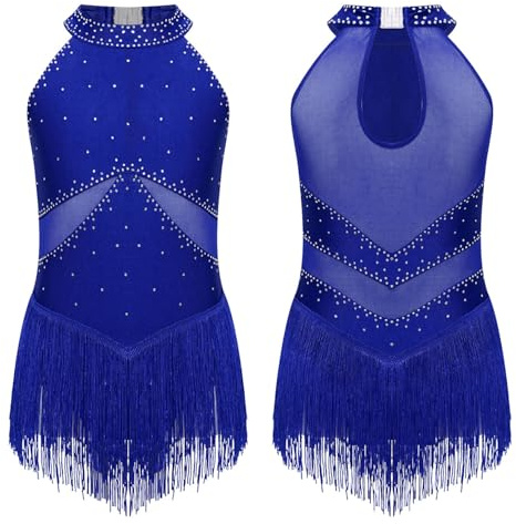 Xnihocha Kids Girls Sparkly Fringed Latin Dance Dress Tassel Gymnastics Leotard Bodysuit Modern Dance Costume Blue 13-14 Years