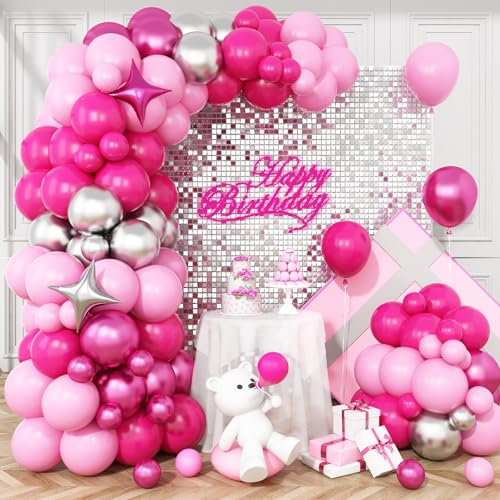 Pink and Silver Balloon Arch Kit, Hot Pink Pastel pink Balloons Garland with Metallic Magenta Silver Balloons Four Star Foil Balloon, for Wedding Engagement Princess Theme Birthday Party Decorations