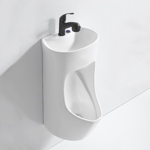 Gtzly Wand Pissoir Urinal für Herrentoiletten mit Waschbecken, Handdruck Urinale für Männer mit Versenkbarem Wasserhahn, Spritzfreie Keramik-urinale, Verdeckter Wasserzulauf