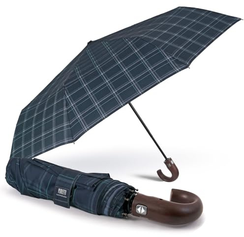 PERLETTI Ombrello Pieghevole Antivento Uomo - Ombrellino Compatto Resistente Ultra Leggero Adulto - Ombrello Apertura e Chiusura Automatica da Viaggio - Diametro 104 cm (Tartan Blu e Verde)
