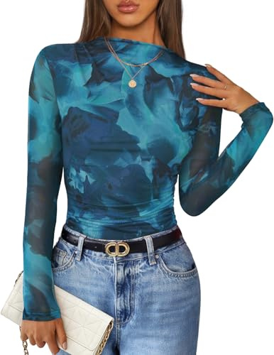 ZESICA Floral Long Sleeve Tops for Women Spring Mesh Mock Neck Ruched Fitted Shirts Going Out Blouses Trendy Clothes Blue Small