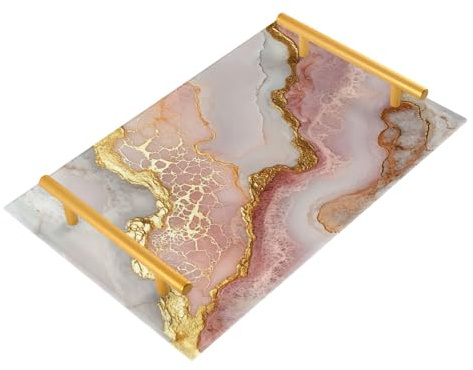 Bandejas decorativas con asas de mármol rubor blanco con asas, bandeja para sala de estar, joyería, perfume, para sofá, servir charolas para mesa de centro