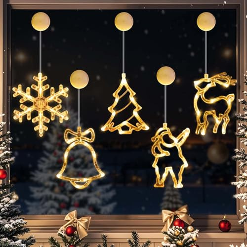 5 Pcs Suction Cup Lights – LED Christmas Window Lights Decorations (Deer, Christmas Tree, Snowflakes, Bells, Santa Claus) Battery Operated, Indoor Window Fairy Lights for Party, Balcony Decor