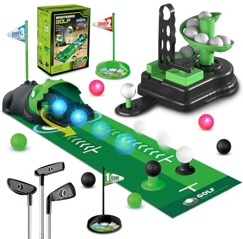 TERRAMUS Ensemble de Golf 3 en 1 pour Enfants, Jouet de Golf avec Lanceur de balles Automatique Dinosaure et balles Lumineuses LED, Mini-Golf intérieur/extérieur, pour garçons et Filles
