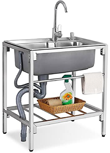 Stainless Steel Single Bowl Kitchen Sink with Stand Laundry Freestanding Sink with Faucet, Commercial Sinks for Laundry/Backyard/Garage 71 * 50 * 85cm