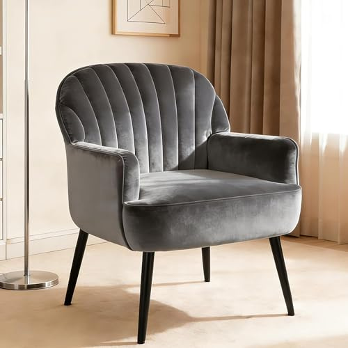 LYSLYSS 28 Velvet Single Armchair Sofa, Single Armchair Couch with Noise-Reduction Foot Pads, Modern Minimalist Sofa with 4 Metal Legs for Living Room, Grey