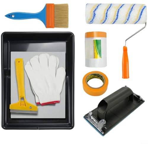 Risveglio Juego de pinceles de pintura de 9 piezas con bandeja de rodillo, cepillo de nailon, raspador de película de enmascaramiento, tareas de decoración del hogar para naranja