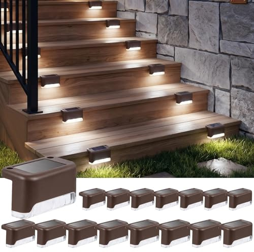 Ninonly Luces Solares Escaleras para Exterior, Pack de 16 Marrón Luz Solar Blanco Frío, Impermeables LED Iluminación para Peldaños Valla Terraza Patio Camino Decoración
