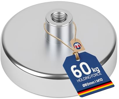 Base magnética con roscado interior - Ø10-125mm - Ferrita dura (HF) Imanes permanentes cerámicos - Imán en recipiente con casquillo roscado - Sistemas magnéticos - Fuerza de sujeción: hasta 130kg, Grandezas:Ø 80mm | M10 | 60kg fuerza