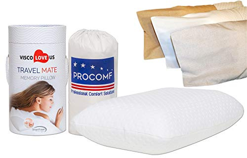 VISCO LOVE ProComf rese- och campingkompis/baby/barn/tonåring/vuxens minnesskum kudde (snövit med skydd)