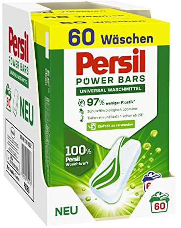 Persil Power Bars Universal Waschmittel 180 (3 x 60) Waschladungen, vordosiertes Vollwaschmittel in nachhaltiger Verpackung, für hygienisch reine Wäsche bereits ab 20° C