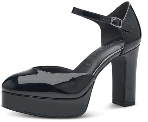 Tamaris Damen Pumps mit Riemen Vegan Blockabsatz; Black PATENT/schwarz; 39 EU