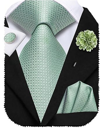 Hi-Tie Seidenkrawatte und Einstecktuch, Manschettenknöpfe, Reversnadel-Set, Jacquard, Hochzeit, Business, Krawatte für formelle Anlässe, salbeigrün, M