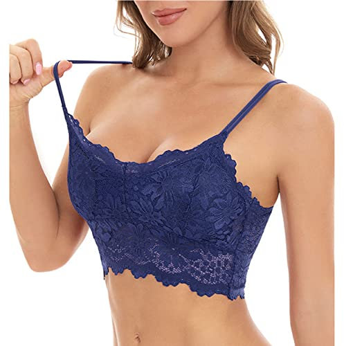 HAOLEI Women Lace Bralette Camisole Bras V Neck Padded Bralette Seamless Bandeau Sleeping Bra Tube Crop Vest Top Sexy Backless Corset with Straps and Removable Pads for Ladies Girls Blue