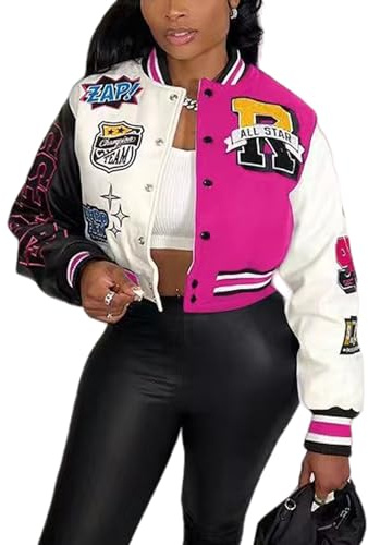 Perbai Veste universitaire courte pour femme - Imprimé lettres imprimées - Avec poches - Streetwear Y2K, 03Rose, Small