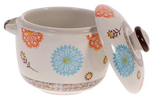 VINTORKY Japanese Style Ceramic Stew Bowl 450ml Hand-Painted Soup Holder Lid Porcelain Steaming Pot Household Kitchen Soup Bowl for Steaming and Serving