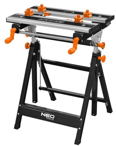 NEO TOOLS Werk-und Spanntisch-100 kg Tragkraft-Große Arbeitsfläche Skala & Winkelangaben-Klappbar-Vielseitig verstellbar/Werkbank mit Spannbacken/Arbeitstisch