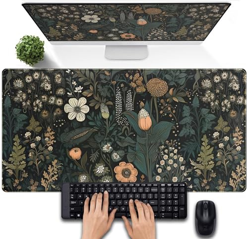 Skrivbordsmatta mörk blomma, blommiga växter, musmatta, estetiska vildblommor, stor, gaming-matta, XXL, tangentbord, full skrivbordsmatta, dam, kontor, skrivbordstillbehör, 80 x 40 cm