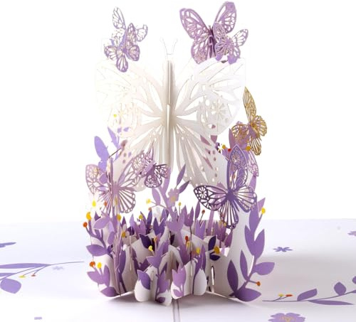 Butterfly Flower Pop Up Card, 3D Foldable Popup Greeting Card with Blank Envelope Thinking of You Birthday Card Handmade Gifts for Mother's Day Women Mother Wife Lady Daughter Anniversaries(Purple)