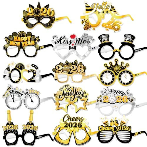 DPKOW 28pcs 2026 Fin de Año Gafas de Papel, Divertidas Gafas de Fiesta para 2026 Nochevieja Cotillon Accesorios Photocall Fin de Año, Hola 2026 Gafas Feliz Año Nuevo, Plata Negro Oro