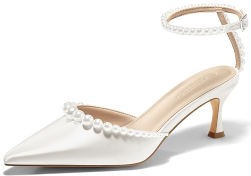 Coutgo Womens Pearl Kitten Heels Closed Pointed Toe Wedding Bride Dress Shoes Ankle Strap Satin Pumps, White, 6.5 UK
