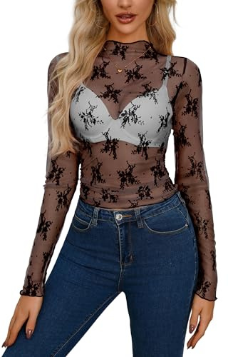 Haut sexy pour femme maille filet top transparent hauts mesh sheer shirt, Noir , XXL