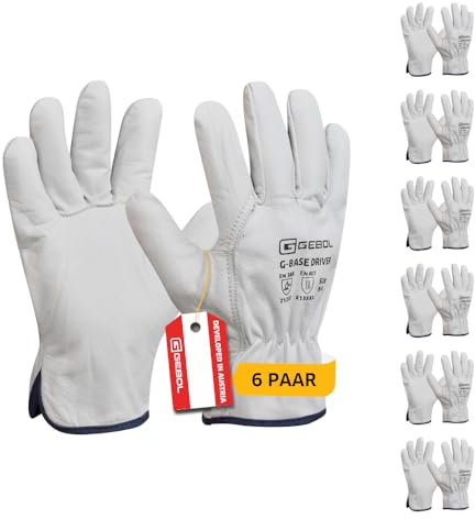 Gebol G-Base Driver, 6 Paar Arbeitshandschuhe Herren aus hochwertigem Büffelleder, robuste Lederhandschuhe für Garten, Werkstatt & Montage, Schutzhandschuhe Gr. M (Gr.8), Weiß
