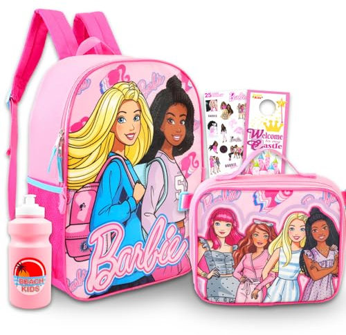 Barbie Backpack with Lunch Box Set - Bundle with 16 School Bag, Lunch Bag, Water Bottle, Stickers, More | Barbie Backpack and Lunchbox for Girls, Kids