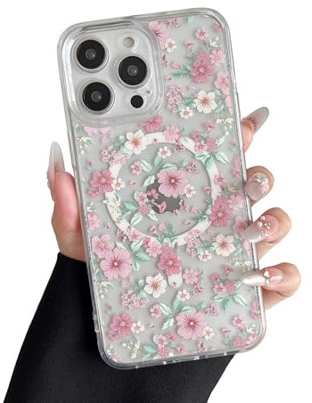 RALEAVO Magnetisch Hülle für iPhone 13 6,1 Zoll Kompatibel mit MagSafe Kabellosem Laden, Silikon Niedlich Blumen Hülle Transparent Stoßfest Schutzhülle für iPhone 13-Rosa Blumen
