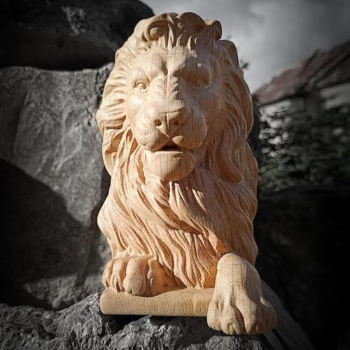 Island Post Cap Wood-Carved Oak Lion Head Sculpture Newel Post Cap, Wood-Carved Post Finial Topper for Staircase Pillars, Porch or Deck Columns, Rustic Cottage Garden Décor, Bedpost Finial, 2.6 Base